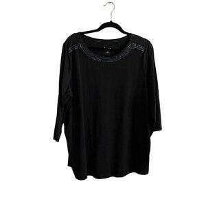 Denim & Co Women Plus SZ 1X Black 3/4 Sleeve Sequin Trim Shoulders/Neckline Top